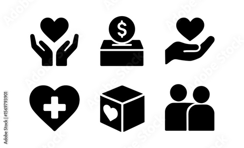 Charity and donation icons: heart, hands, money, health, and support