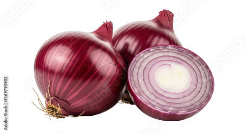 Isolated Group of Red Onions, Whole and Halved