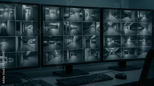 A dark room with multiple screens displaying surveillance footage. The monitors show various camera angles in black and white, emphasizing security and monitoring technology.