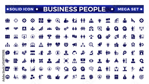 Business people solid icons set. Businessman solid icons collection. Teamwork, human resources, meeting, partnership, meeting, work group, success, resume.
