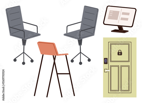 Office setup featuring swivel chairs, barstool, computer monitor with interface, and locked door. Ideal for safety, accessibility, workspace, privacy, remote work interior simple flat metaphor