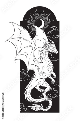 Dragon folklore magic animal over night sky with crescent moon and clouds hand drawn line art gothic tattoo design isolated vector illustration