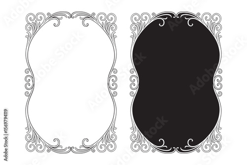 Set of two ornate vintage frames with elegant swirling floral elements with white and black background. Ideal for invitations, labels, packaging, decorative borders, or retro design projects