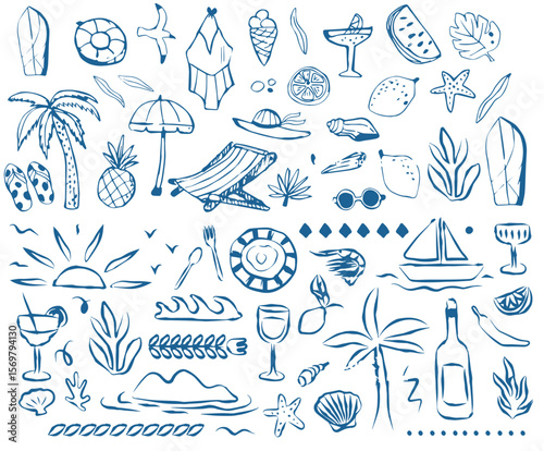 Italian or greek style vacation hand drawn vector illustrations in grunge scribble rough doodle sketch style elements. Lemon, palm tree vacation in chalk charcoal style. Drawings for poster, placard