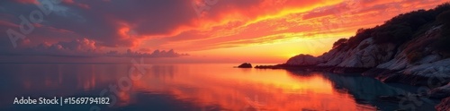 Fiery orange hues paint the sky above a rocky coastline, reflecting in still water , warm, light, sunrise