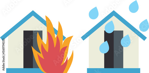 vector sketch illustration design symbol icon silhouette house fire and rain for insurance fund application