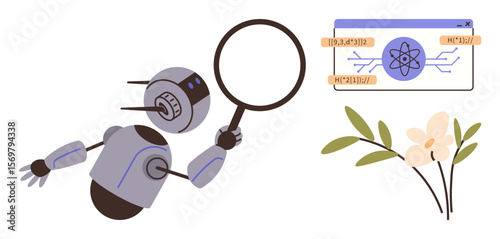 Robot inspecting flower through magnifying glass, scientific data diagram aside. Ideal for AI, innovation, environment, research, education, sustainability, simple flat metaphor