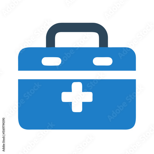 Blue medical kit with white cross in flat icon style
