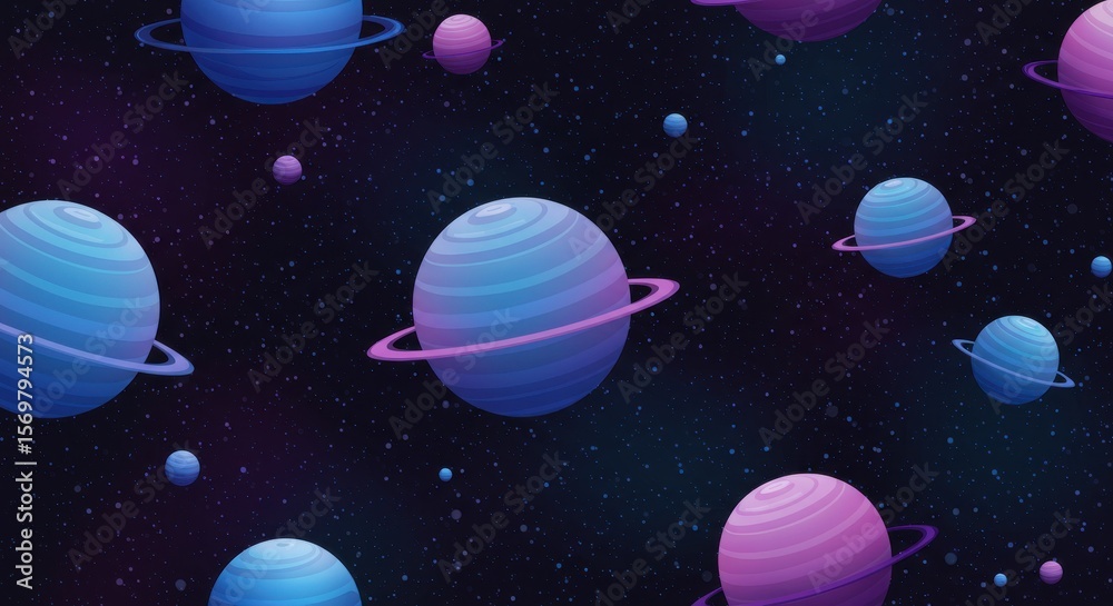 Naklejka premium Cartoon planets floating in a dark, starry, purple and blue space background