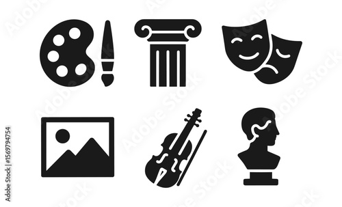 Artistic icons: palette, column, masks, landscape, violin, bust in black and white
