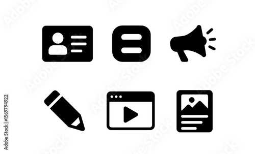 Minimalistic icons collection: blog, id, megaphone, pencil, video player, article