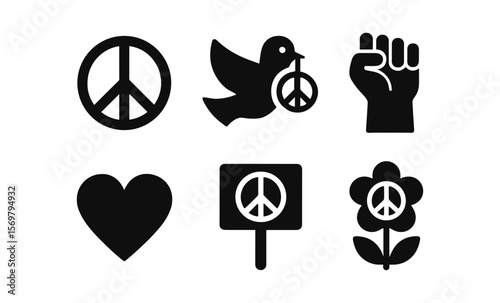 Peace symbols collection: dove, sign, heart, fist, flower, and placard icons