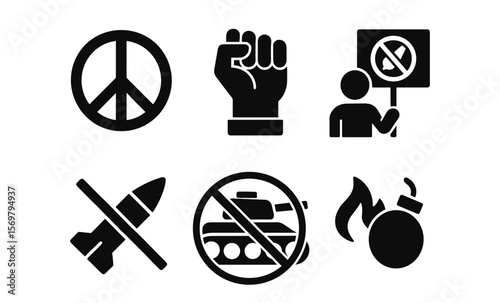 Peace and conflict symbols: peace sign, fist, protester, no war, tank, bomb icon set