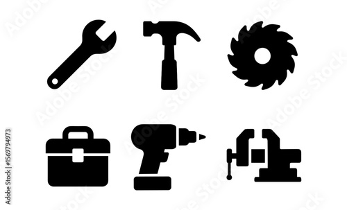 Industrial tool icons: wrench, hammer, saw, toolbox, drill, vise silhouettes