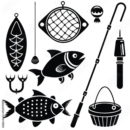 set of different fishing icons