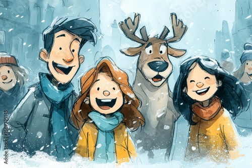 Family and friends enjoy winter joy with a reindeer in a snowy city landscape during the holiday season
