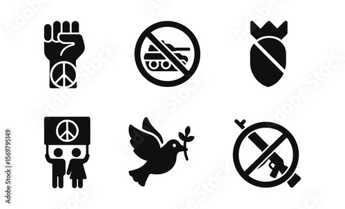 Peace and anti-war symbols collection: unity, dove, and prohibition signs