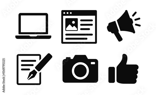 Digital media icons: blogging, content creation, and social engagement symbols