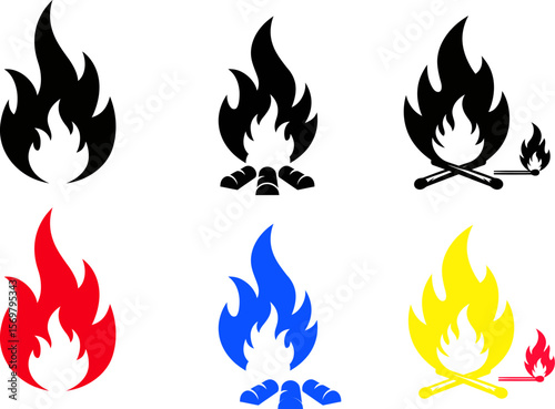 Fire flame vector icon set bonfire campfire burn hot heat warm danger light silhouette illustration graphic vector