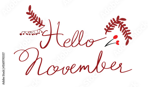 Hello november month text font calligraphy hand written lettering script brown black color object icon leaf plant cherry red drawing element graphic design thanksgiving fall autumn season maple banner
