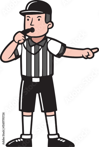 Vector of a cartoon referee blowing a whistle while pointing, wearing a cap and casual shorts. Ideal for playful sports themes.