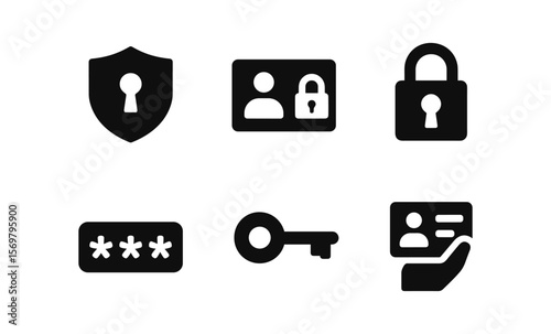 Digital security icons set: lock, password, key, and shield symbols