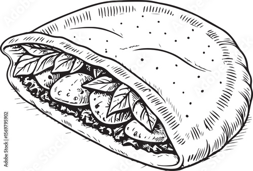 Pita Vector Illustration, Sketch Drawing Line Linear Symbol Icon Engraving Coloring Book, Hand-drawn Black and White Isolated