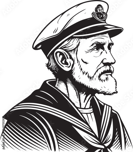 old sailor Vector Illustration, Sketch Drawing Line Linear Symbol Icon Engraving Coloring Book, Hand-drawn Black and White Isolated