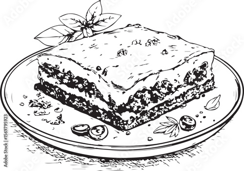 Lasagna or pastitsio Vector Illustration, Sketch Drawing Line Linear Symbol Icon Engraving Coloring Book, Hand-drawn Black and White Isolated