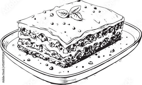 Lasagna or pastitsio Vector Illustration, Sketch Drawing Line Linear Symbol Icon Engraving Coloring Book, Hand-drawn Black and White Isolated