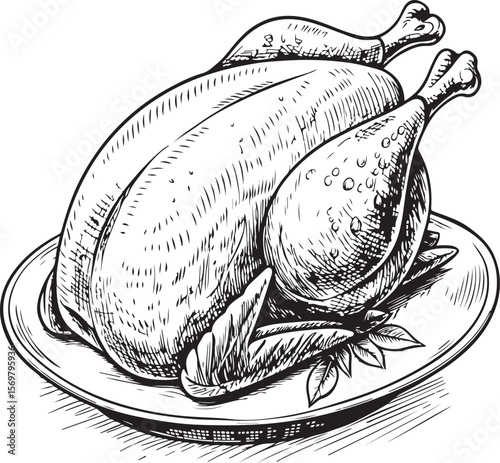 Roasted whole chicken Vector Illustration, Sketch Drawing Line Linear Symbol Icon Engraving Coloring Book, Hand-drawn Black and White Isolated