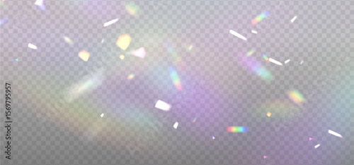 Rainbow chaotic reflection light prism effect on light background. Hologram glass dispersion, crystal flare leak shadow overlay. Vector illustration
