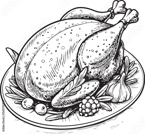 Roasted whole chicken Vector Illustration, Sketch Drawing Line Linear Symbol Icon Engraving Coloring Book, Hand-drawn Black and White Isolated