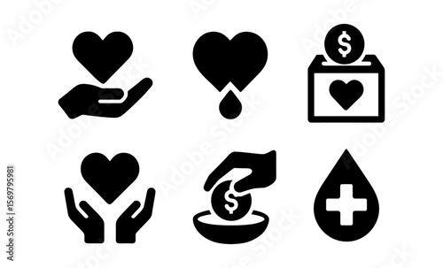 Charity and donation icons: heart, hands, coin, box, cross symbols for giving and support themes