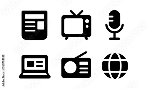 Set of communication icons including newspaper, television, microphone, laptop, radio, and globe