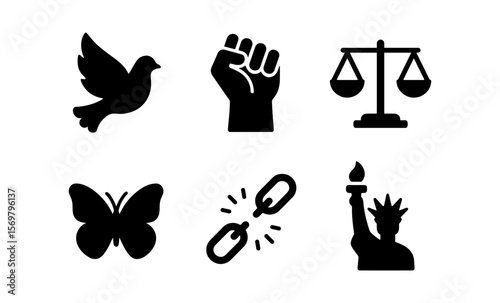 Icons of peace, justice, and freedom: dove, fist, scales, butterfly, broken chain, liberty torch
