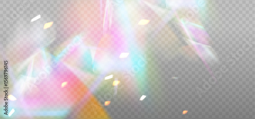 Rainbow colorful glare particles, vector lenses, crystal iris light and transparent glare effects. Background overlay. Prism concept.