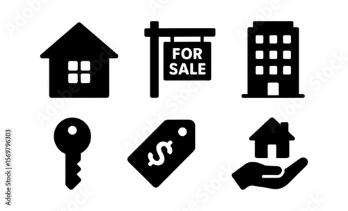 Real estate icons set: house, for sale sign, building, key, price tag, hand holding home
