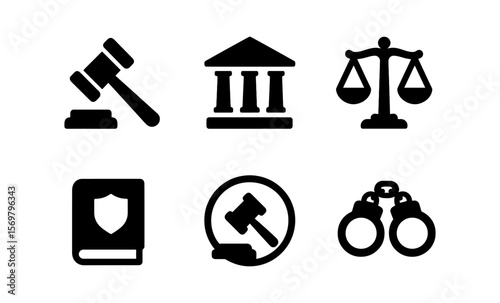 Legal icons set: gavel, courthouse, scales of justice, law book, handcuffs