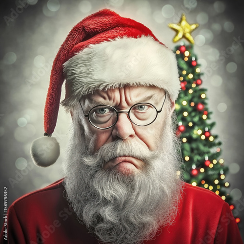 Grumpy Santa Claus frowning with Christmas tree on background