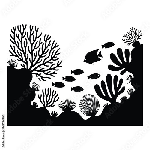 Coral Forest Scene Silhouette, Vector, Illustration, Outline, Line Art, Icon, Logo, White Background.