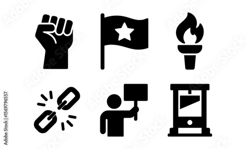 Collection of iconic symbols for protest and activism: fist, flag, torch, chain, sign, megaphone