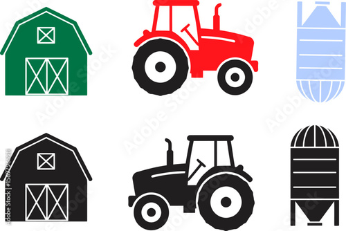 Farm icons set vector illustration of barn tractor and silo design for agriculture and farming concept vector