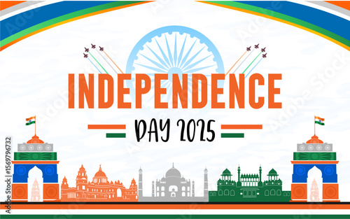 banner or poster for 79th India Independence Day 2025 celebration with india gate, landmark silhouette and fighter jet. Best for India Independence Day.