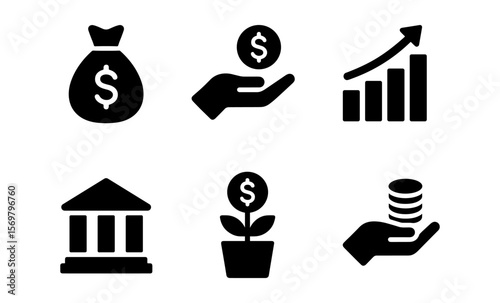 Financial growth icons: money bag, dollar coin, and increasing graph illustrations