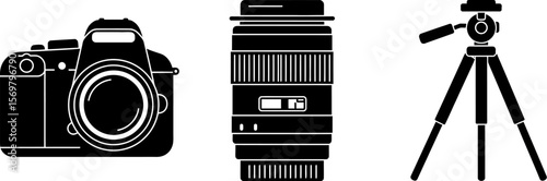 Photography equipment vector illustration camera lens tripod for professional photographers gear set vector