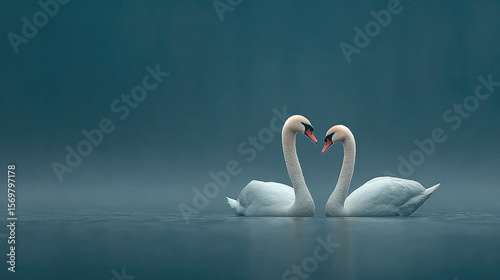Romantic swans swimming together in calm waters serene lake wildlife photography peaceful atmosphere close-up view love and harmony concept