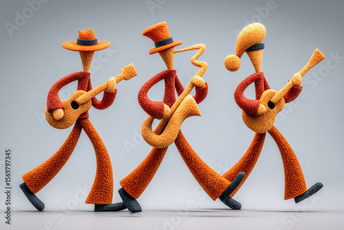 Musical performance by three animated musicians creative studio digital art indoor front view colorful vibes and rhythms