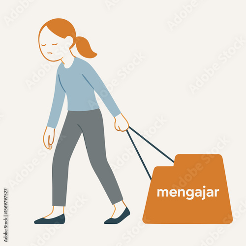 Minimalist Flat Illustration Exhausted Woman Pulling Heavy "Mengajar" Text Luggage Concept