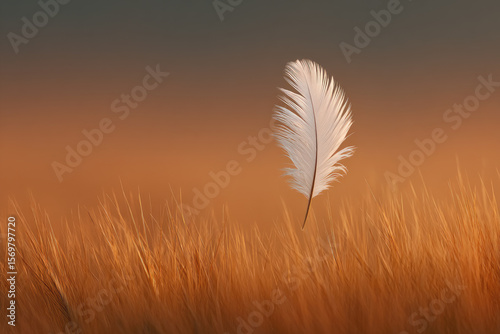 Feather floating gracefully above golden grasses nature scene close-up photography serene environment captivating concept